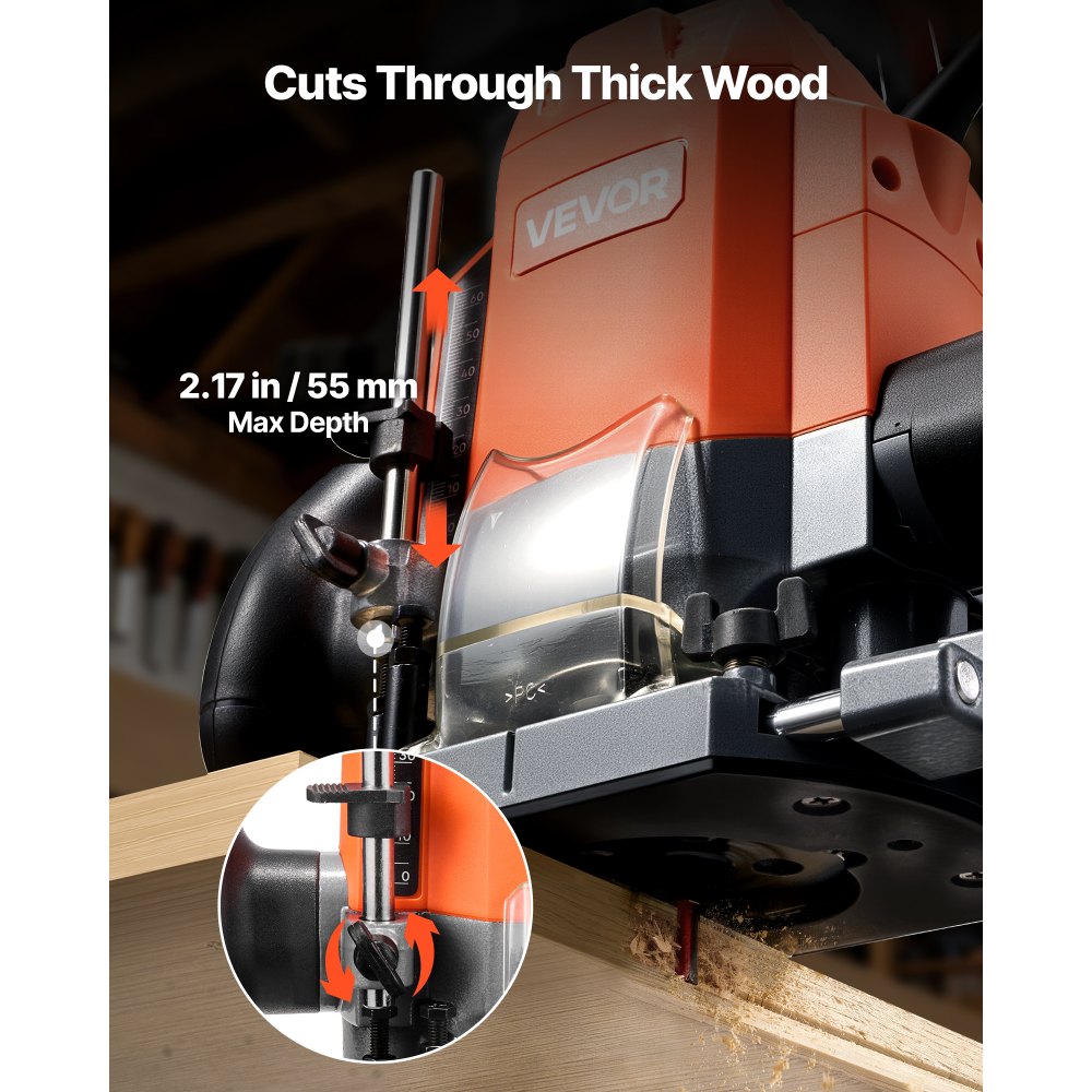 VEVOR Wood Router, 1.6 HP 1200W, Variable Speed Router Tool with Soft Start, Compact Wood Edge Trimmer with Plunge Base, Dust Hood & Parallel Guide, for Woodworking, Trimming, DIY Projects, Corded