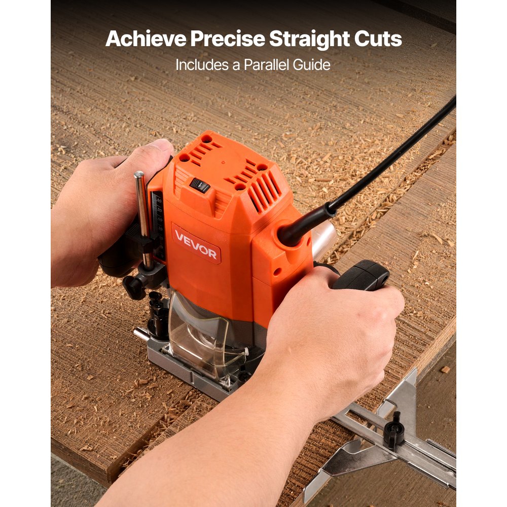 VEVOR Wood Router, 1.6 HP 1200W, Variable Speed Router Tool with Soft Start, Compact Wood Edge Trimmer with Plunge Base, Dust Hood & Parallel Guide, for Woodworking, Trimming, DIY Projects, Corded