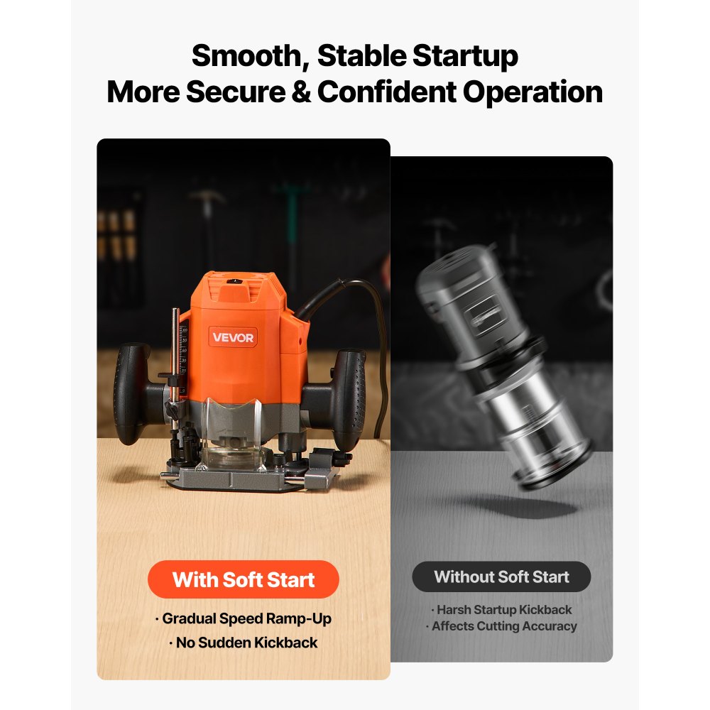 VEVOR Wood Router, 1.6 HP 1200W, Variable Speed Router Tool with Soft Start, Compact Wood Edge Trimmer with Plunge Base, Dust Hood & Parallel Guide, for Woodworking, Trimming, DIY Projects, Corded
