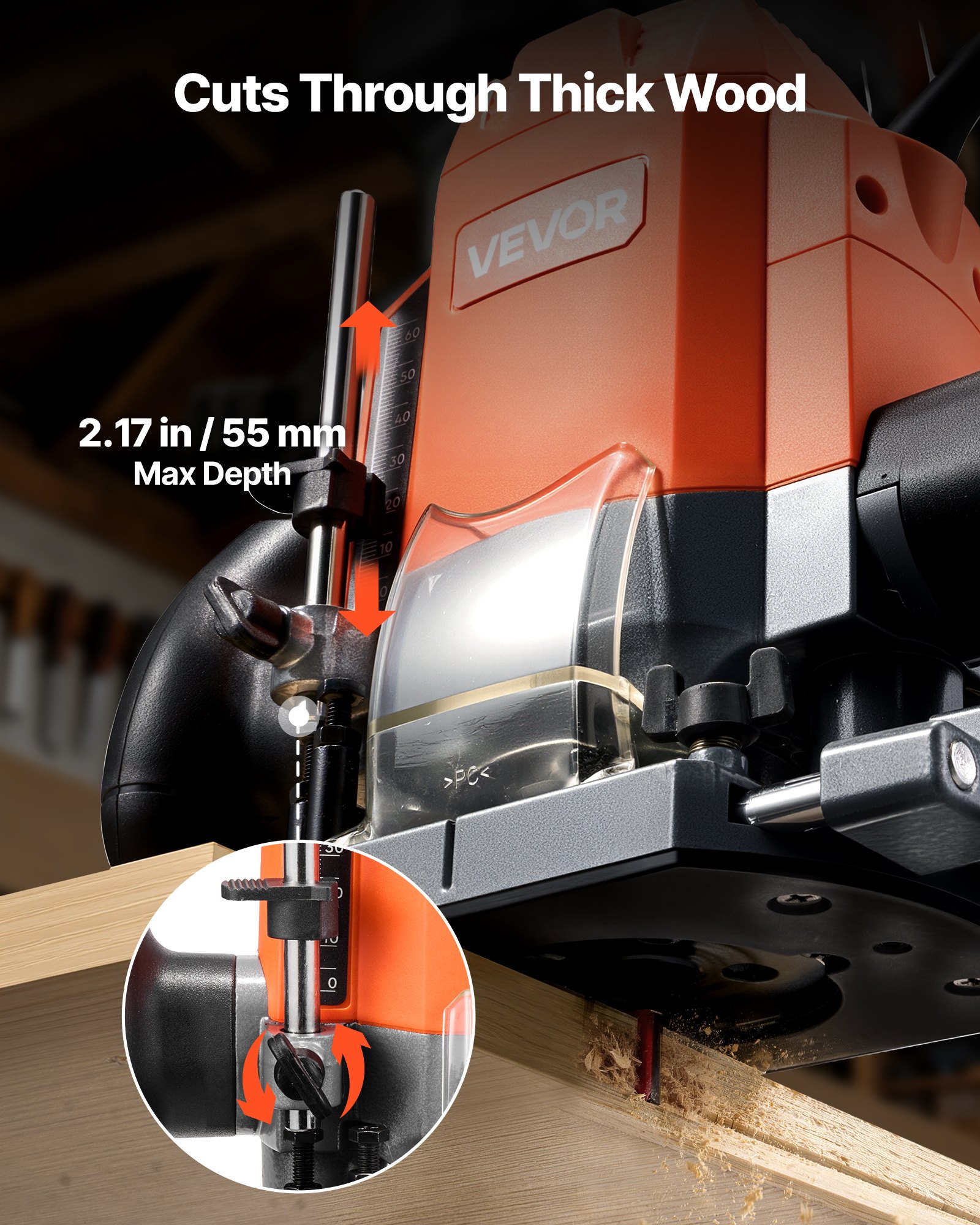 VEVOR Wood Router, 1.6 HP 1200W, Variable Speed Router Tool with Soft Start, Compact Wood Edge Trimmer with Plunge Base, Dust Hood & Parallel Guide, for Woodworking, Trimming, DIY Projects, Corded