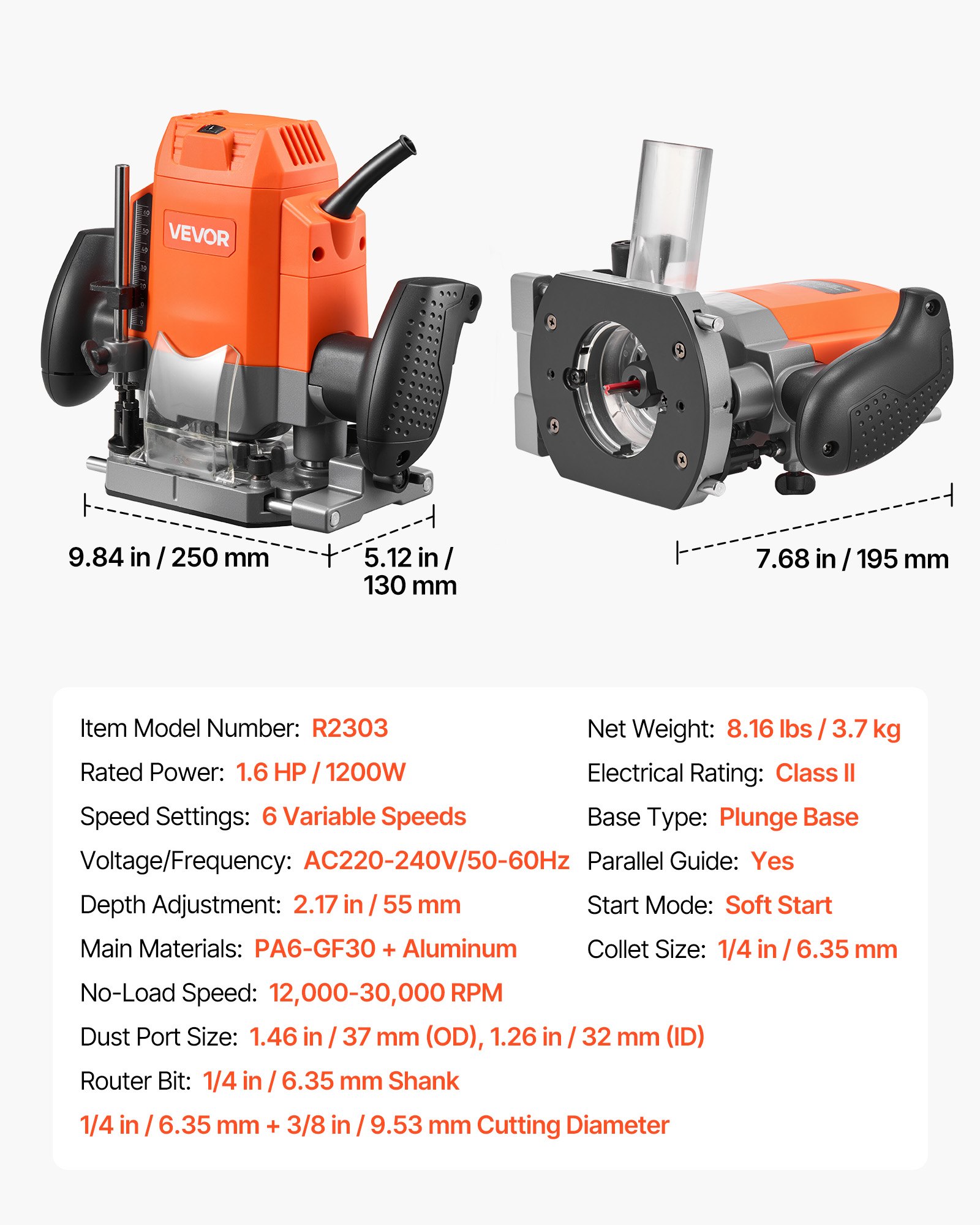 VEVOR Wood Router, 1.6 HP 1200W, Variable Speed Router Tool with Soft Start, Compact Wood Edge Trimmer with Plunge Base, Dust Hood & Parallel Guide, for Woodworking, Trimming, DIY Projects, Corded