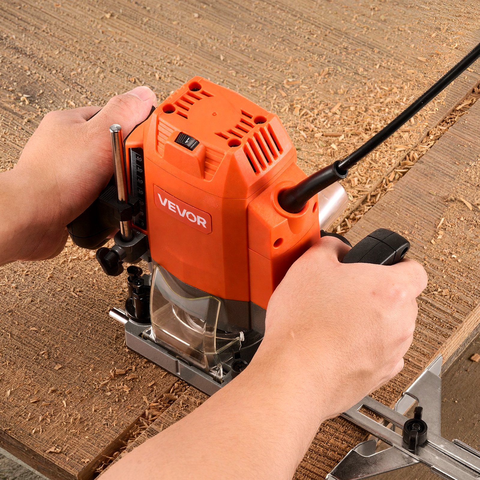 VEVOR Wood Router, 1.6 HP 1200W, Variable Speed Router Tool with Soft Start, Compact Wood Edge Trimmer with Plunge Base, Dust Hood & Parallel Guide, for Woodworking, Trimming, DIY Projects, Corded