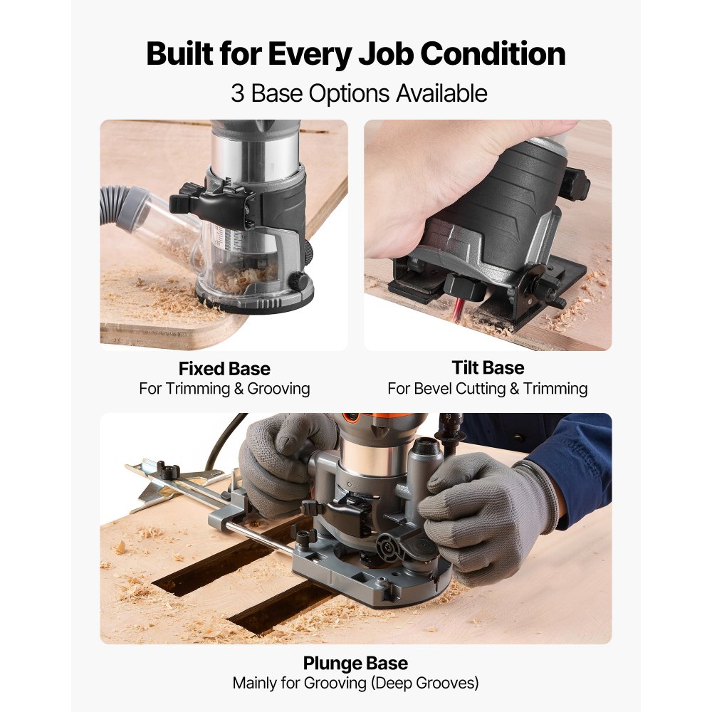 VEVOR Wood Router, 1 HP 710W, Variable Speed Palm Router Tool with Soft Start, Compact Edge Wood Trimmer with Fixed, Plunge & Tilt Base, Parallel Guide, for Woodworking, Trimming, DIY Projects, Corded