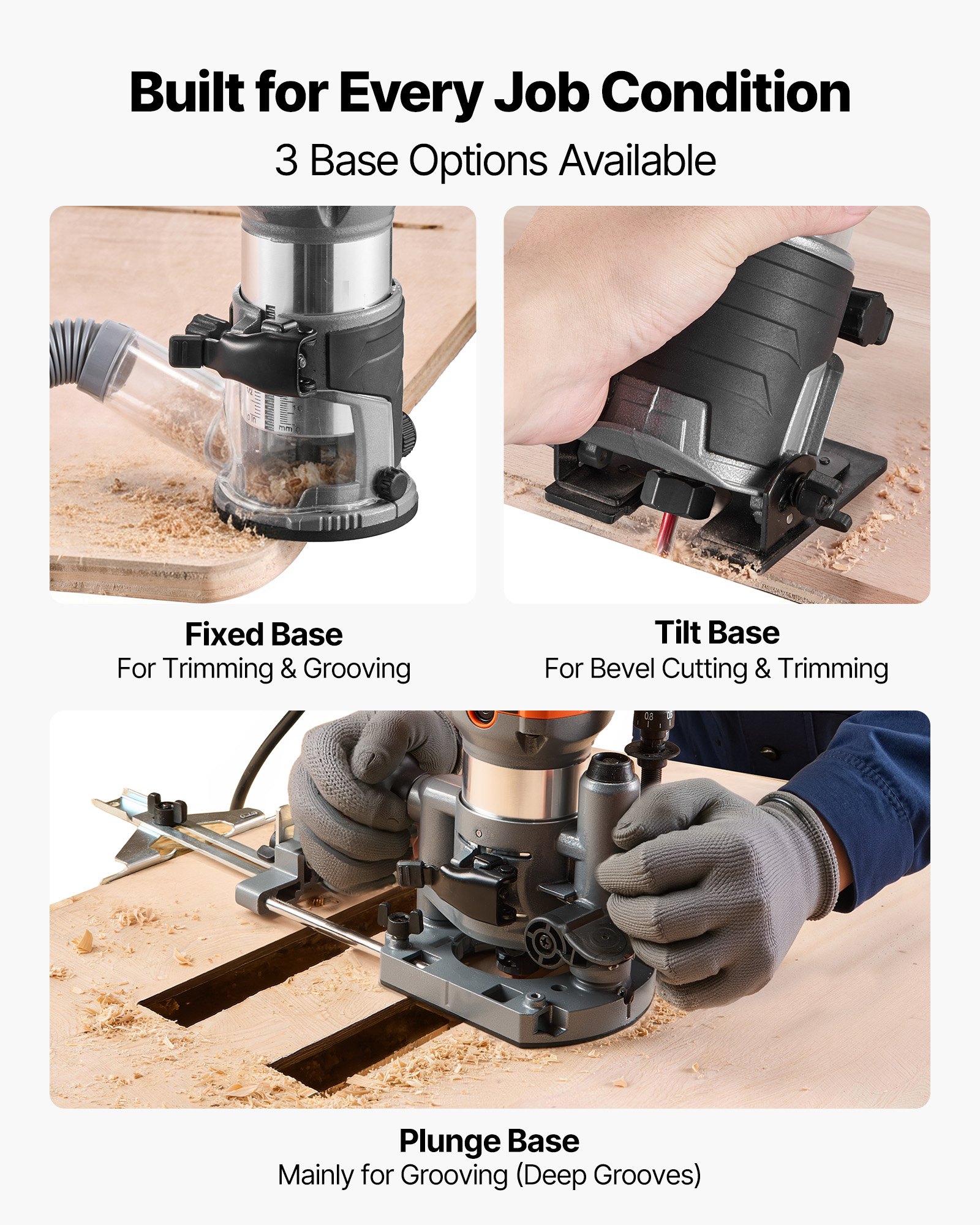 VEVOR Wood Router, 1 HP 710W, Variable Speed Palm Router Tool with Soft Start, Compact Edge Wood Trimmer with Fixed, Plunge & Tilt Base, Parallel Guide, for Woodworking, Trimming, DIY Projects, Corded