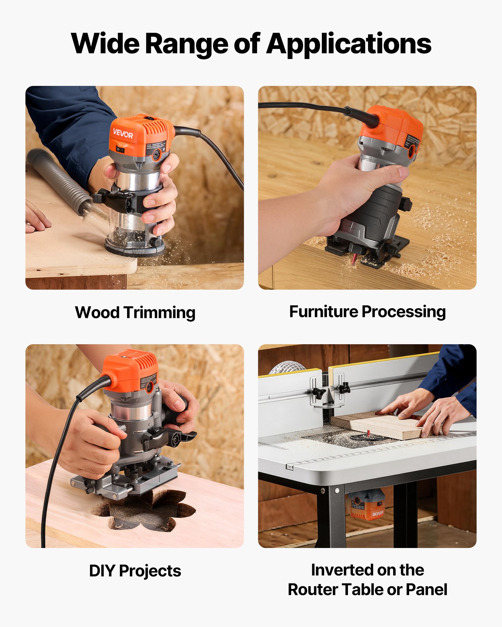 VEVOR Wood Router, 1 HP 710W, Variable Speed Palm Router Tool with Soft Start, Compact Edge Wood Trimmer with Fixed, Plunge & Tilt Base, Parallel Guide, for Woodworking, Trimming, DIY Projects, Corded