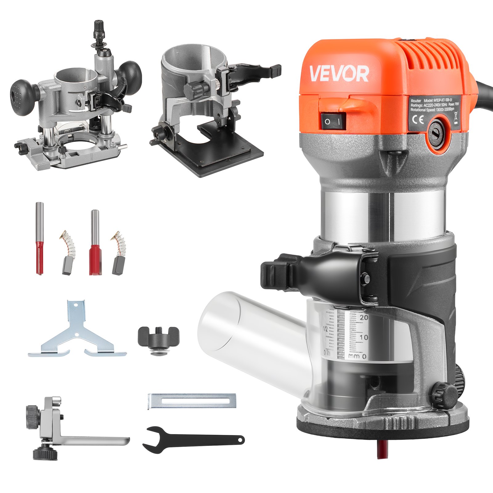 VEVOR Wood Router, 1 HP 710W, Variable Speed Palm Router Tool with Soft Start, Compact Edge Wood Trimmer with Fixed, Plunge & Tilt Base, Parallel Guide, for Woodworking, Trimming, DIY Projects, Corded