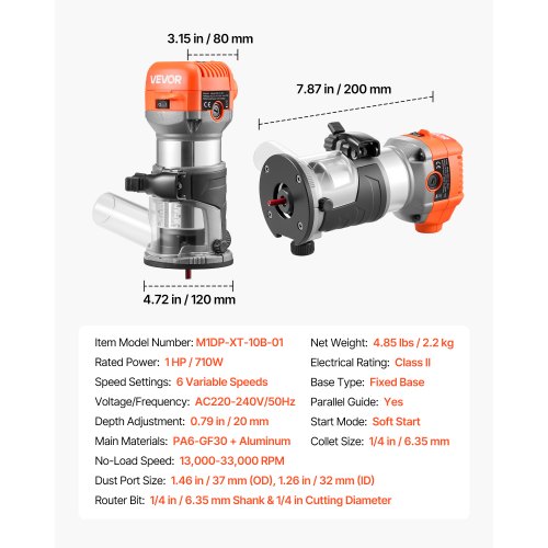 router variable speed control dial and depth adjustment settings for different bit sizes