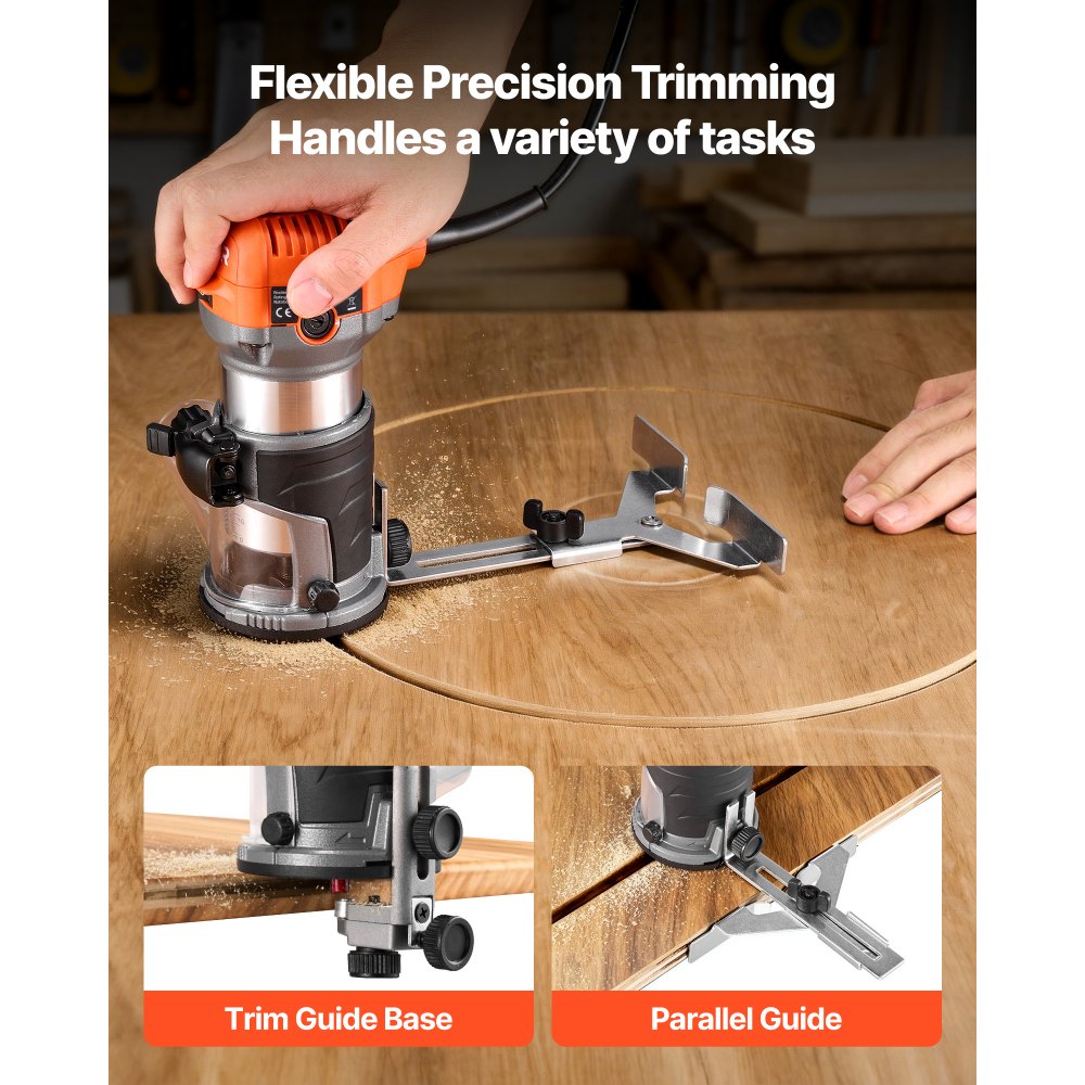 VEVOR Wood Router, 1 HP 710W, Variable Speed Palm Router Tool with Soft Start, Compact Wood Edge Trimmer with Fixed Base & Dust Hood, Parallel Guide, for Woodworking, Trimming, DIY Projects, Corded