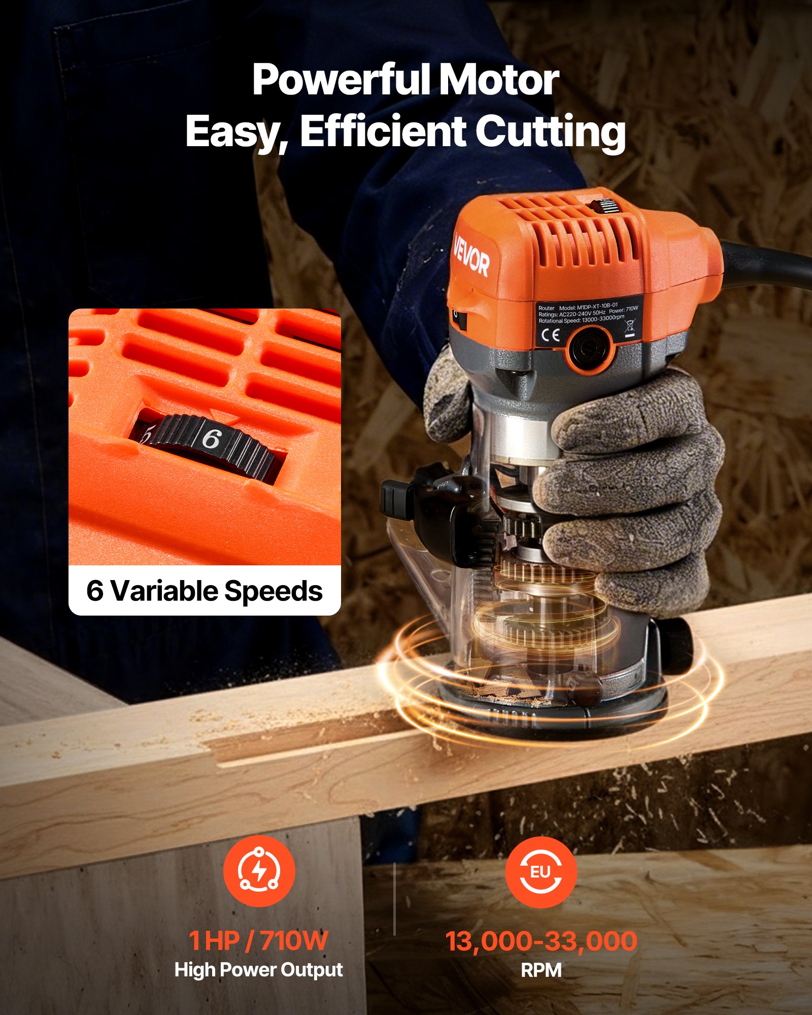VEVOR Wood Router, 1 HP 710W, Variable Speed Palm Router Tool with Soft Start, Compact Wood Edge Trimmer with Fixed Base & Dust Hood, Parallel Guide, for Woodworking, Trimming, DIY Projects, Corded