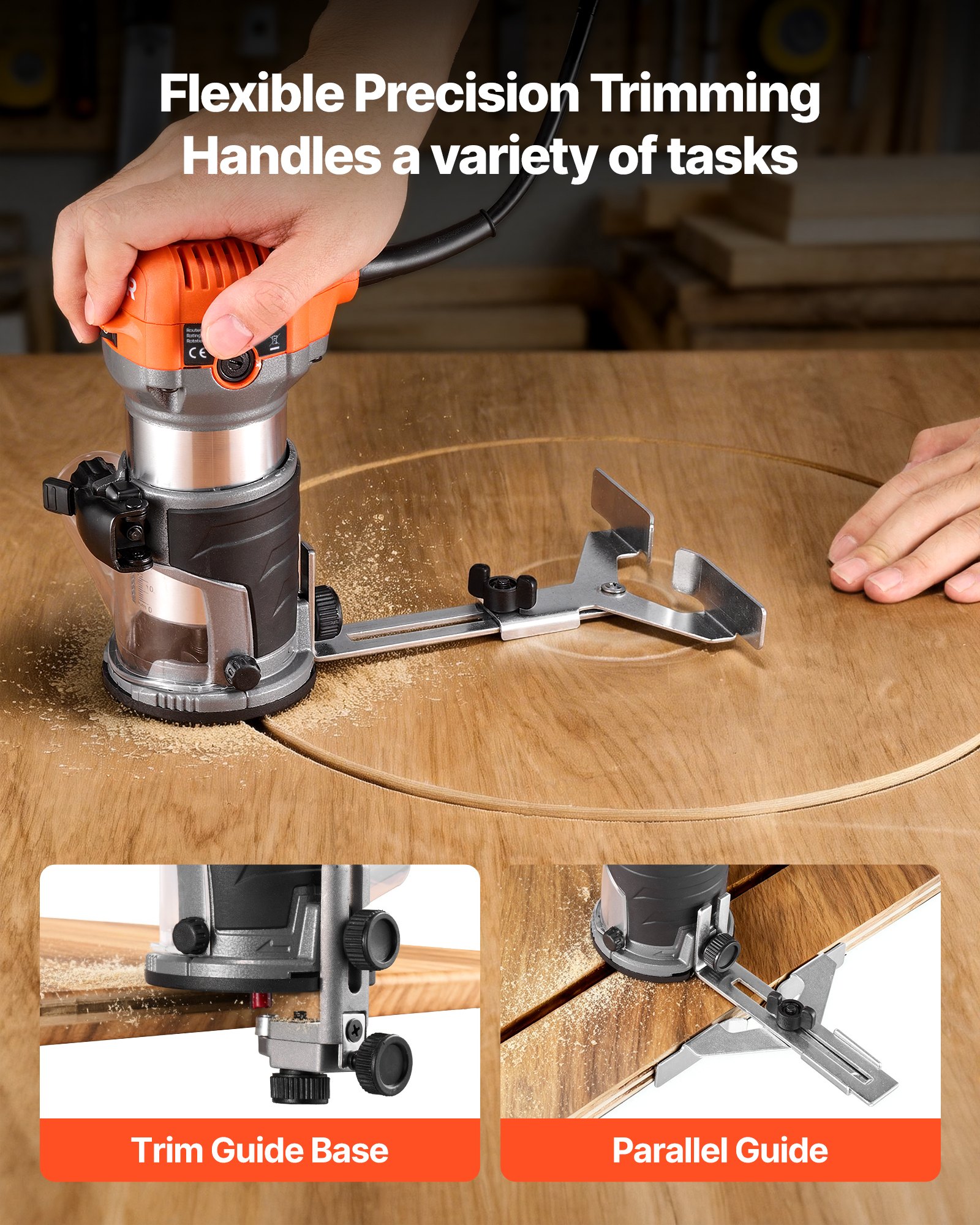 VEVOR Wood Router, 1 HP 710W, Variable Speed Palm Router Tool with Soft Start, Compact Wood Edge Trimmer with Fixed Base & Dust Hood, Parallel Guide, for Woodworking, Trimming, DIY Projects, Corded