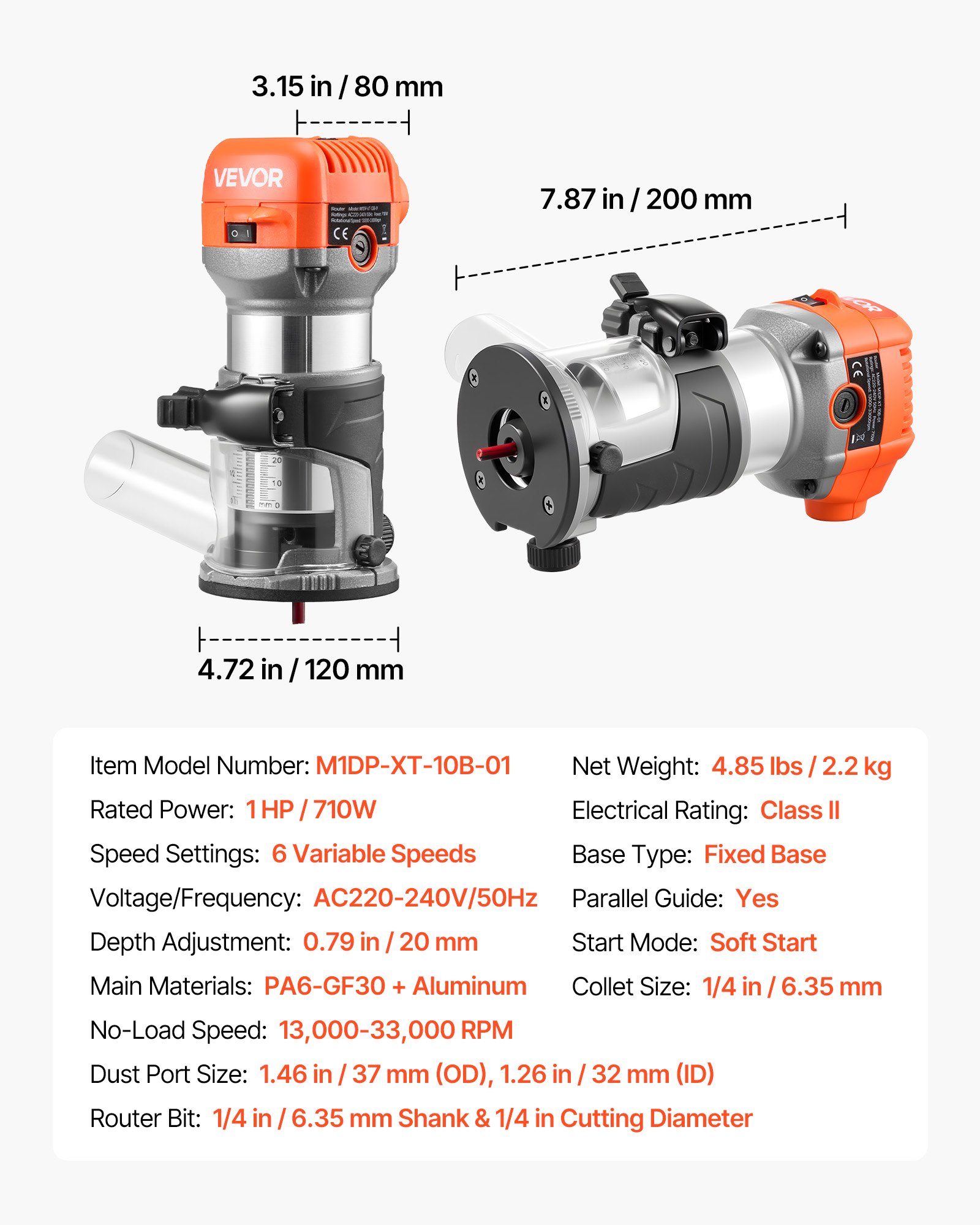 VEVOR Wood Router, 1 HP 710W, Variable Speed Palm Router Tool with Soft Start, Compact Wood Edge Trimmer with Fixed Base & Dust Hood, Parallel Guide, for Woodworking, Trimming, DIY Projects, Corded