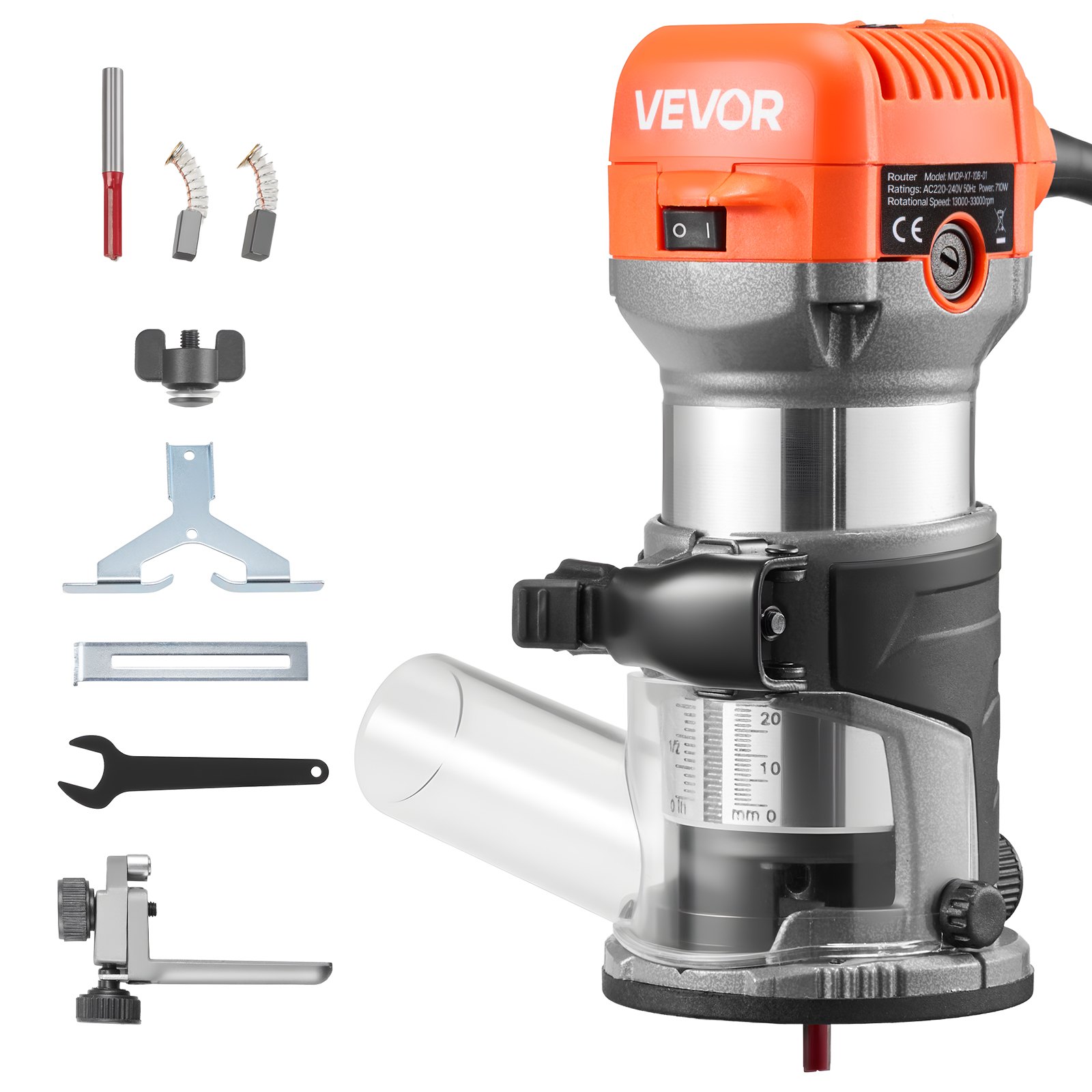VEVOR Wood Router, 1 HP 710W, Variable Speed Palm Router Tool with Soft Start, Compact Wood Edge Trimmer with Fixed Base & Dust Hood, Parallel Guide, for Woodworking, Trimming, DIY Projects, Corded