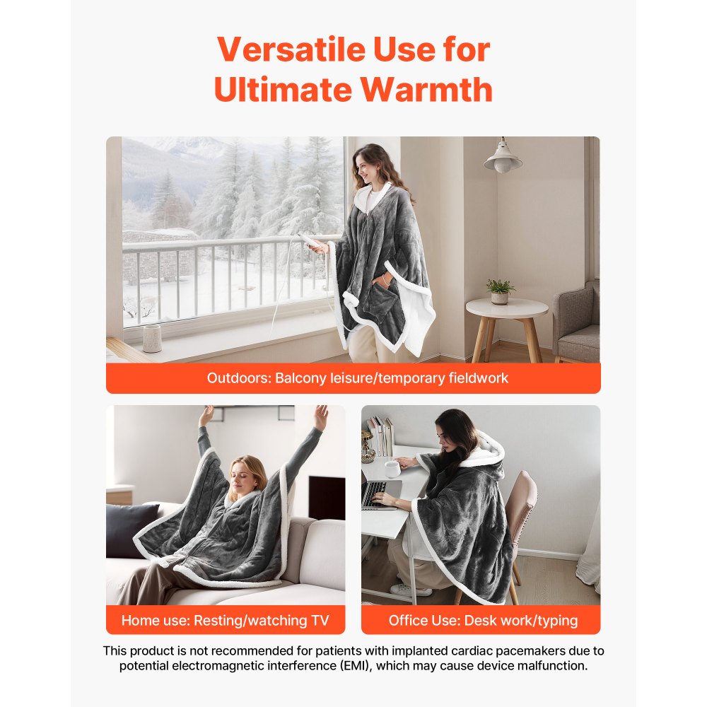 VEVOR Wearable Heated Throw Blanket Electric Shawl, Portable Robe Blanket Hoodie for Women, 5 Heating Levels, 3H Auto Shut-Off, Overheat Protection,Winter for Adult Mom Girlfriend,Machine Washable