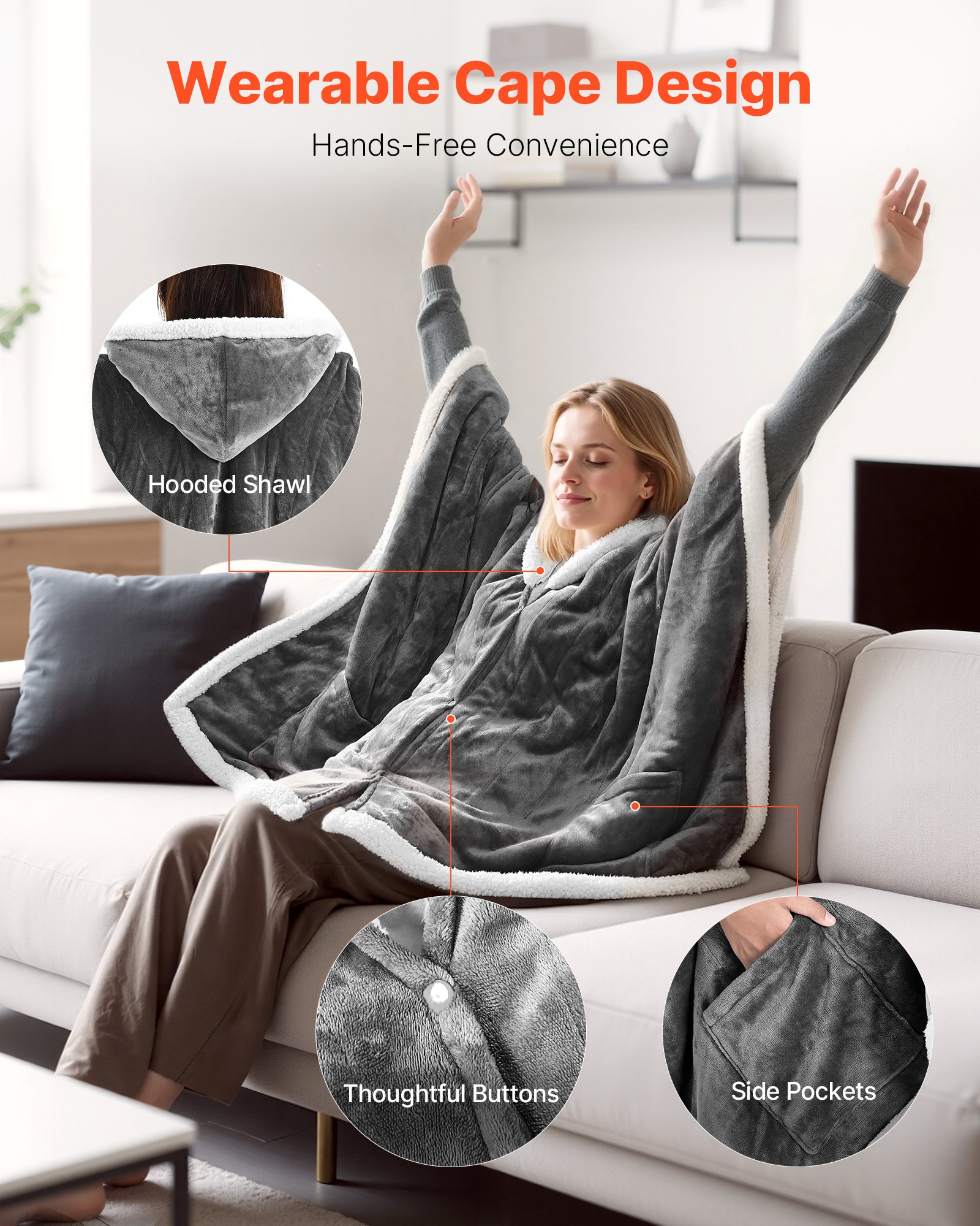 VEVOR Wearable Heated Throw Blanket Electric Shawl, Portable Robe Blanket Hoodie for Women, 5 Heating Levels, 3H Auto Shut-Off, Overheat Protection,Winter for Adult Mom Girlfriend,Machine Washable