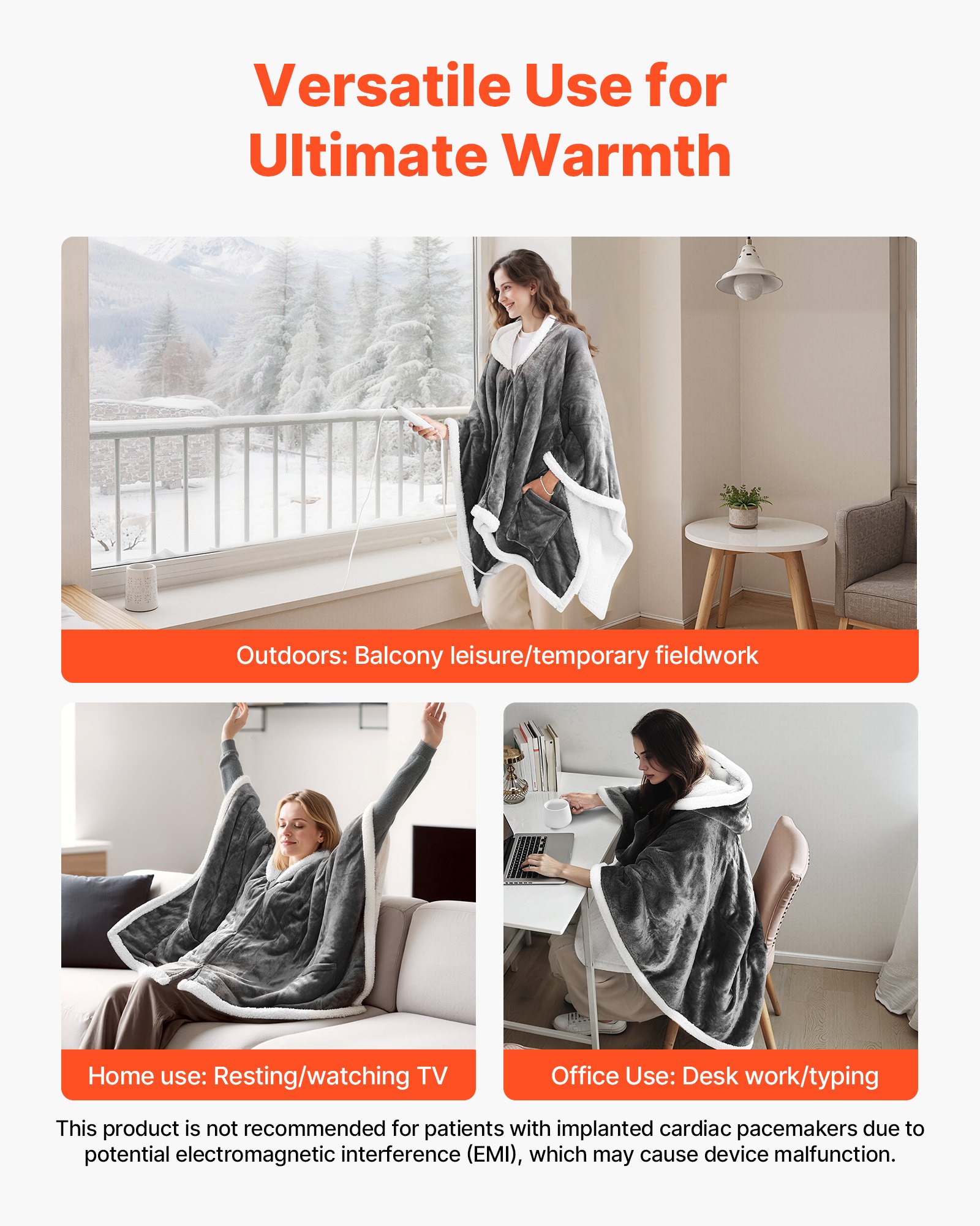 VEVOR Wearable Heated Throw Blanket Electric Shawl, Portable Robe Blanket Hoodie for Women, 5 Heating Levels, 3H Auto Shut-Off, Overheat Protection,Winter for Adult Mom Girlfriend,Machine Washable