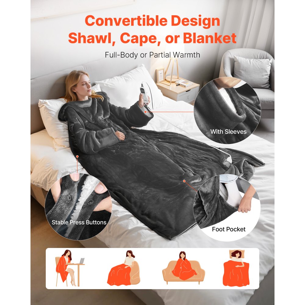 VEVOR Wearable Electric Heated Throw Blanket with Foot Pocket & Sleeves, Portable Robe Snuggie Blankets for Women, 10 Heating Levels, 12H Auto Shut-Off, Machine Washable, 50 x 70 inch, Grey