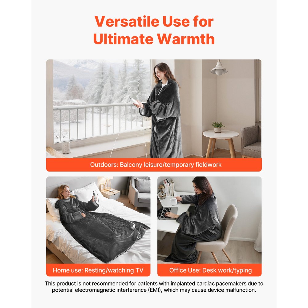VEVOR Wearable Electric Heated Throw Blanket with Foot Pocket & Sleeves, Portable Robe Snuggie Blankets for Women, 10 Heating Levels, 12H Auto Shut-Off, Machine Washable, 50 x 70 inch, Grey