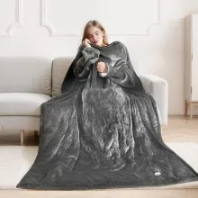 VEVOR Wearable Electric Heated Throw Blanket with Foot Pocket & Sleeves, Portable Robe Snuggie Blankets for Women, 10 Heating Levels, 12H Auto Shut-Off, Machine Washable, 50 x 70 inch, Grey