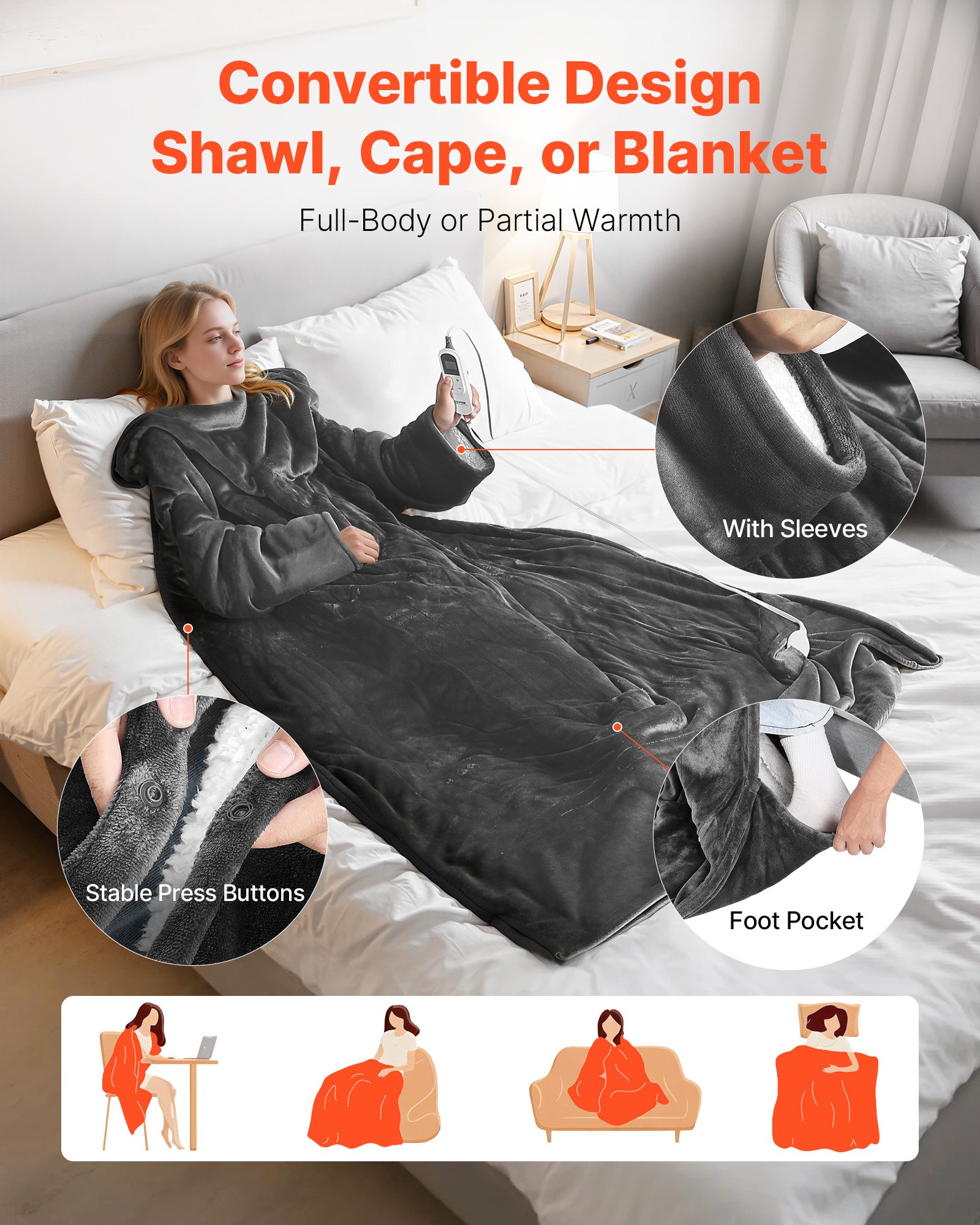 VEVOR Wearable Electric Heated Throw Blanket with Foot Pocket & Sleeves, Portable Robe Snuggie Blankets for Women, 10 Heating Levels, 12H Auto Shut-Off, Machine Washable, 50 x 70 inch, Grey