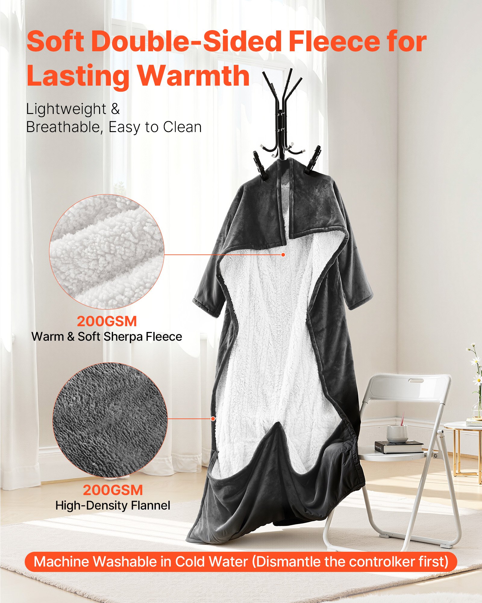 VEVOR Wearable Electric Heated Throw Blanket with Foot Pocket & Sleeves, Portable Robe Snuggie Blankets for Women, 10 Heating Levels, 12H Auto Shut-Off, Machine Washable, 50 x 70 inch, Grey
