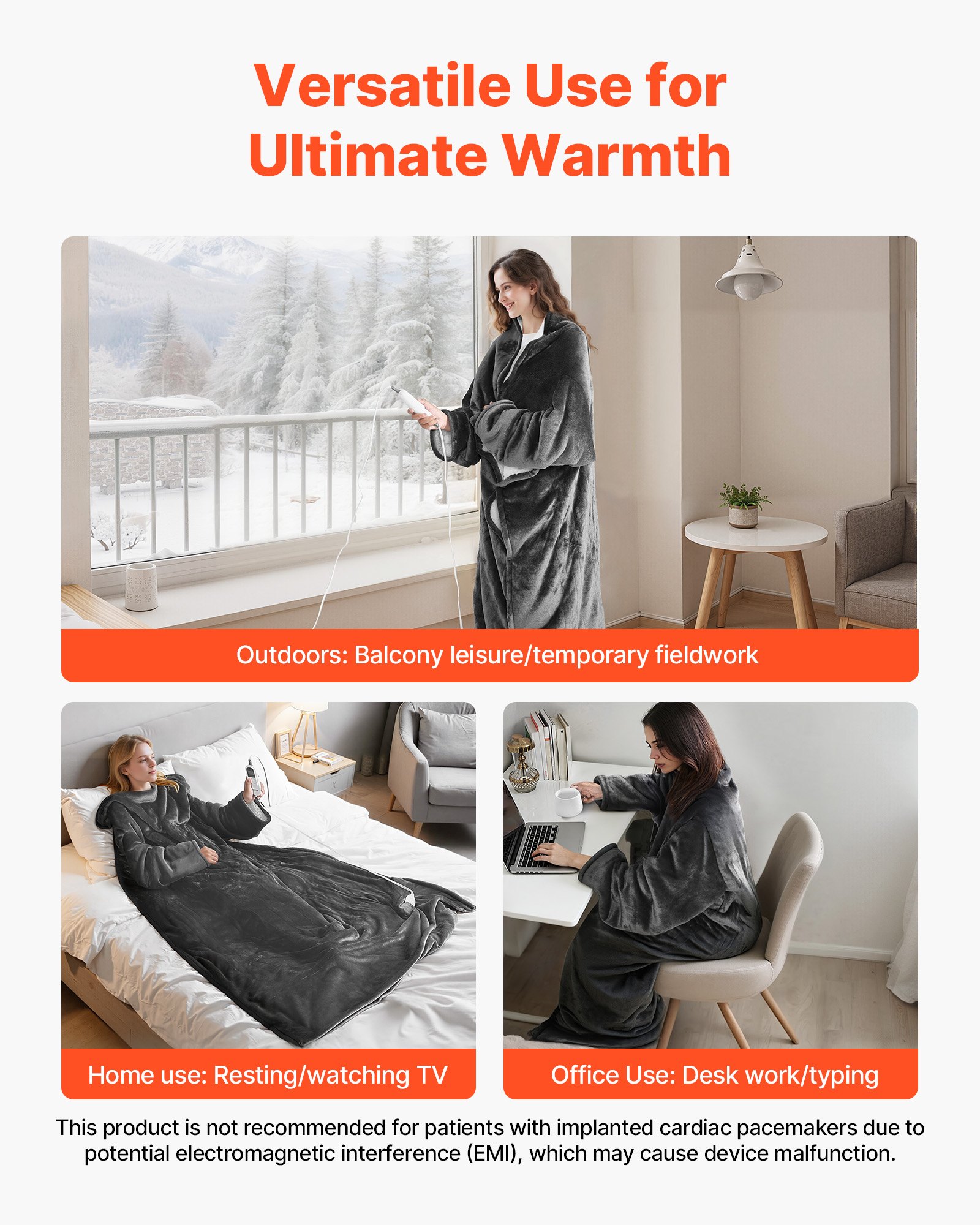 VEVOR Wearable Electric Heated Throw Blanket with Foot Pocket & Sleeves, Portable Robe Snuggie Blankets for Women, 10 Heating Levels, 12H Auto Shut-Off, Machine Washable, 50 x 70 inch, Grey