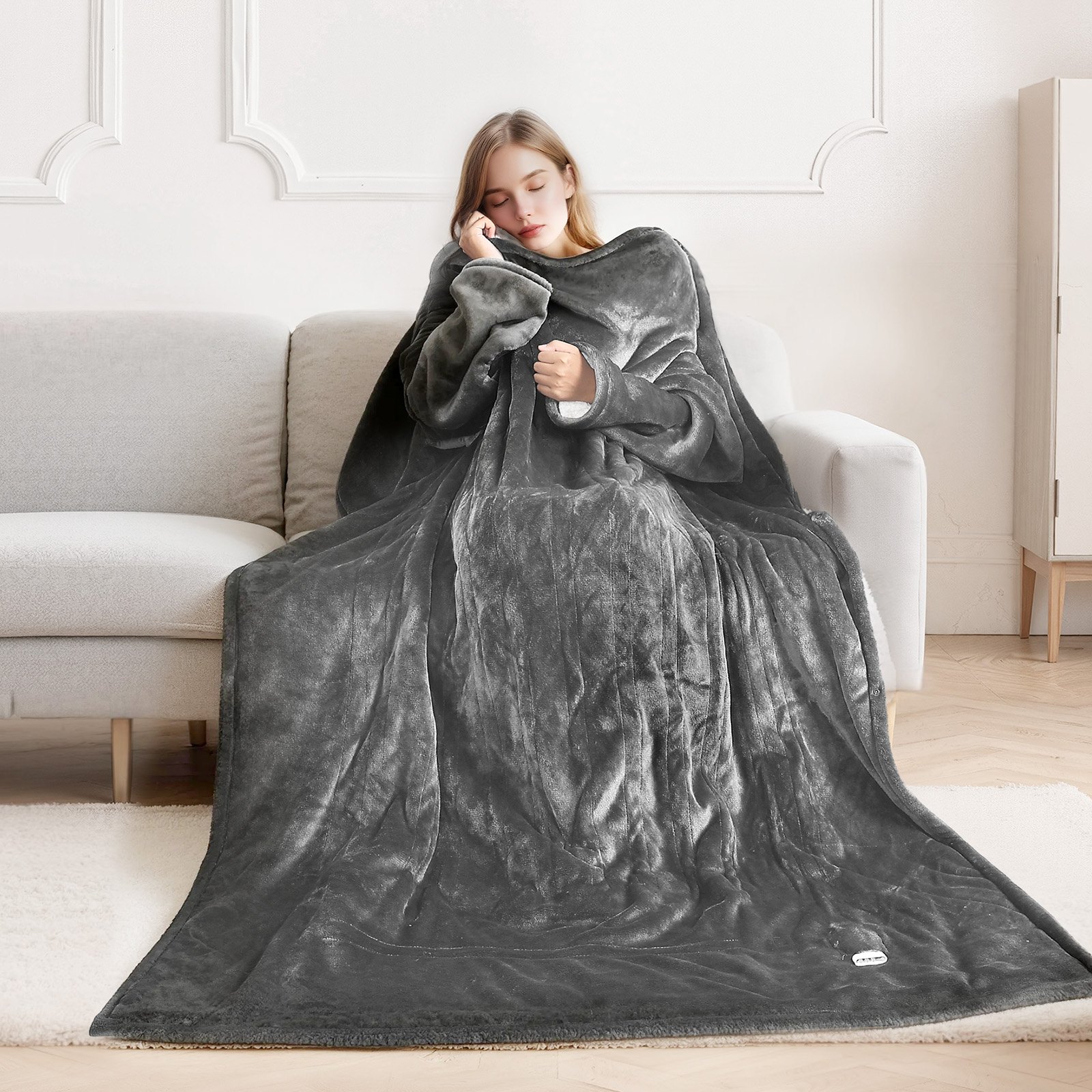 VEVOR Wearable Electric Heated Throw Blanket with Foot Pocket & Sleeves, Portable Robe Snuggie Blankets for Women, 10 Heating Levels, 12H Auto Shut-Off, Machine Washable, 50 x 70 inch, Grey