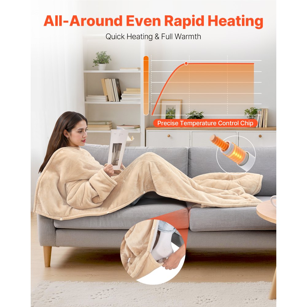 VEVOR Wearable Electric Heated Throw Blanket with Foot Pocket & Sleeves, Portable Robe Snuggie Blankets for Women, 10 Heating Levels, 12H Auto Shut-Off, Machine Washable, 50 x 70 inch, Beige