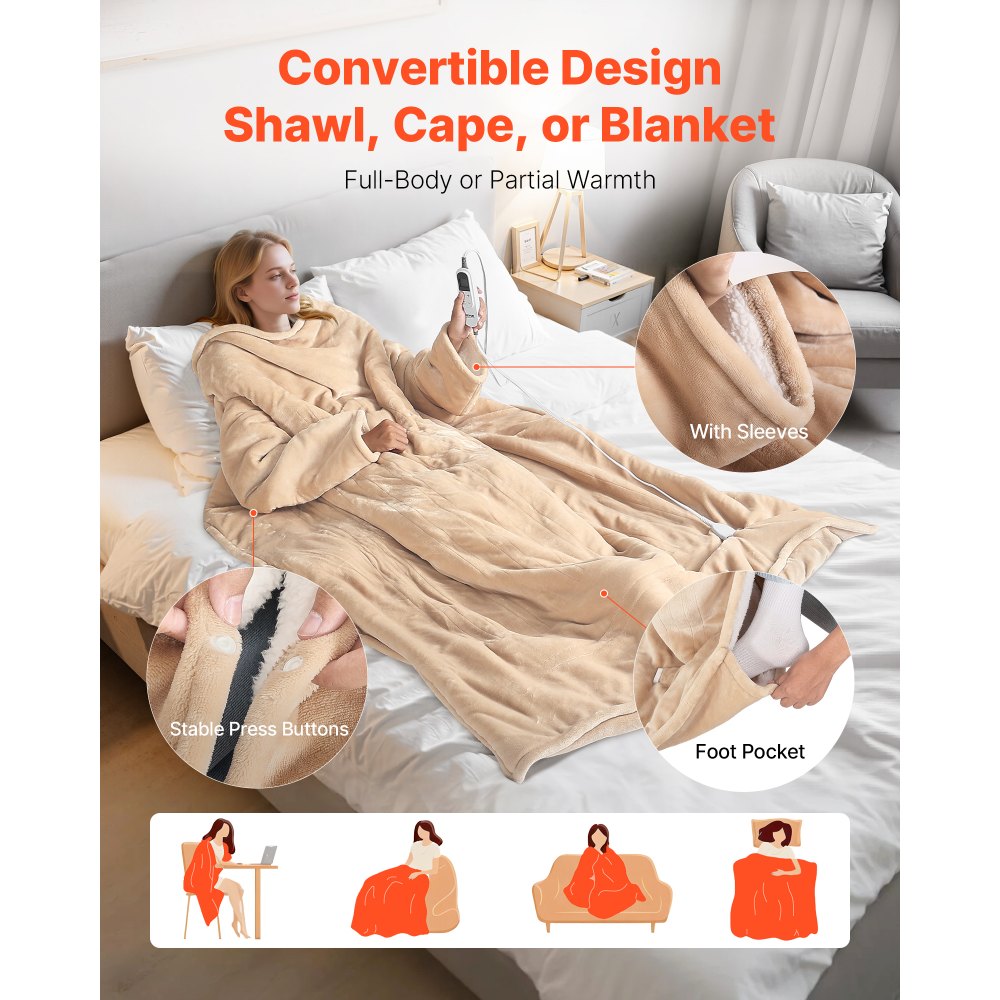 VEVOR Wearable Electric Heated Throw Blanket with Foot Pocket & Sleeves, Portable Robe Snuggie Blankets for Women, 10 Heating Levels, 12H Auto Shut-Off, Machine Washable, 50 x 70 inch, Beige