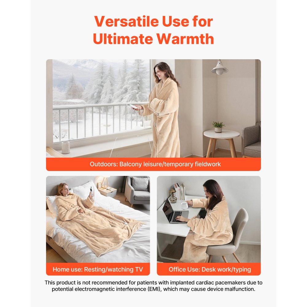 VEVOR Wearable Electric Heated Throw Blanket with Foot Pocket & Sleeves, Portable Robe Snuggie Blankets for Women, 10 Heating Levels, 12H Auto Shut-Off, Machine Washable, 50 x 70 inch, Beige