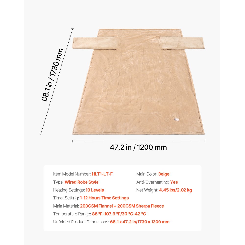 VEVOR Wearable Electric Heated Throw Blanket with Foot Pocket & Sleeves, Portable Robe Snuggie Blankets for Women, 10 Heating Levels, 12H Auto Shut-Off, Machine Washable, 50 x 70 inch, Beige