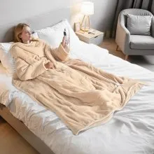 VEVOR Wearable Electric Heated Throw Blanket with Foot Pocket & Sleeves, Portable Robe Snuggie Blankets for Women, 10 Heating Levels, 12H Auto Shut-Off, Machine Washable, 50 x 70 inch, Beige