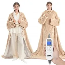 VEVOR Wearable Electric Heated Throw Blanket with Foot Pocket & Sleeves, Portable Robe Snuggie Blankets for Women, 10 Heating Levels, 12H Auto Shut-Off, Machine Washable, 50 x 70 inch, Beige