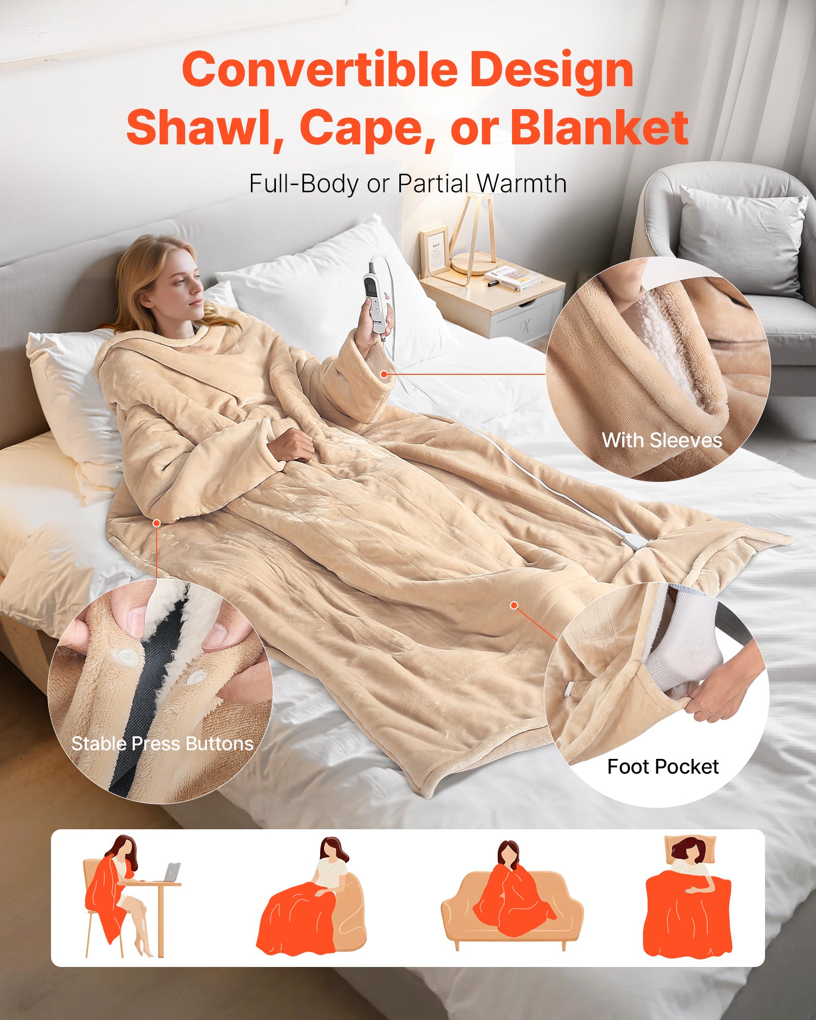 VEVOR Wearable Electric Heated Throw Blanket with Foot Pocket & Sleeves, Portable Robe Snuggie Blankets for Women, 10 Heating Levels, 12H Auto Shut-Off, Machine Washable, 50 x 70 inch, Beige