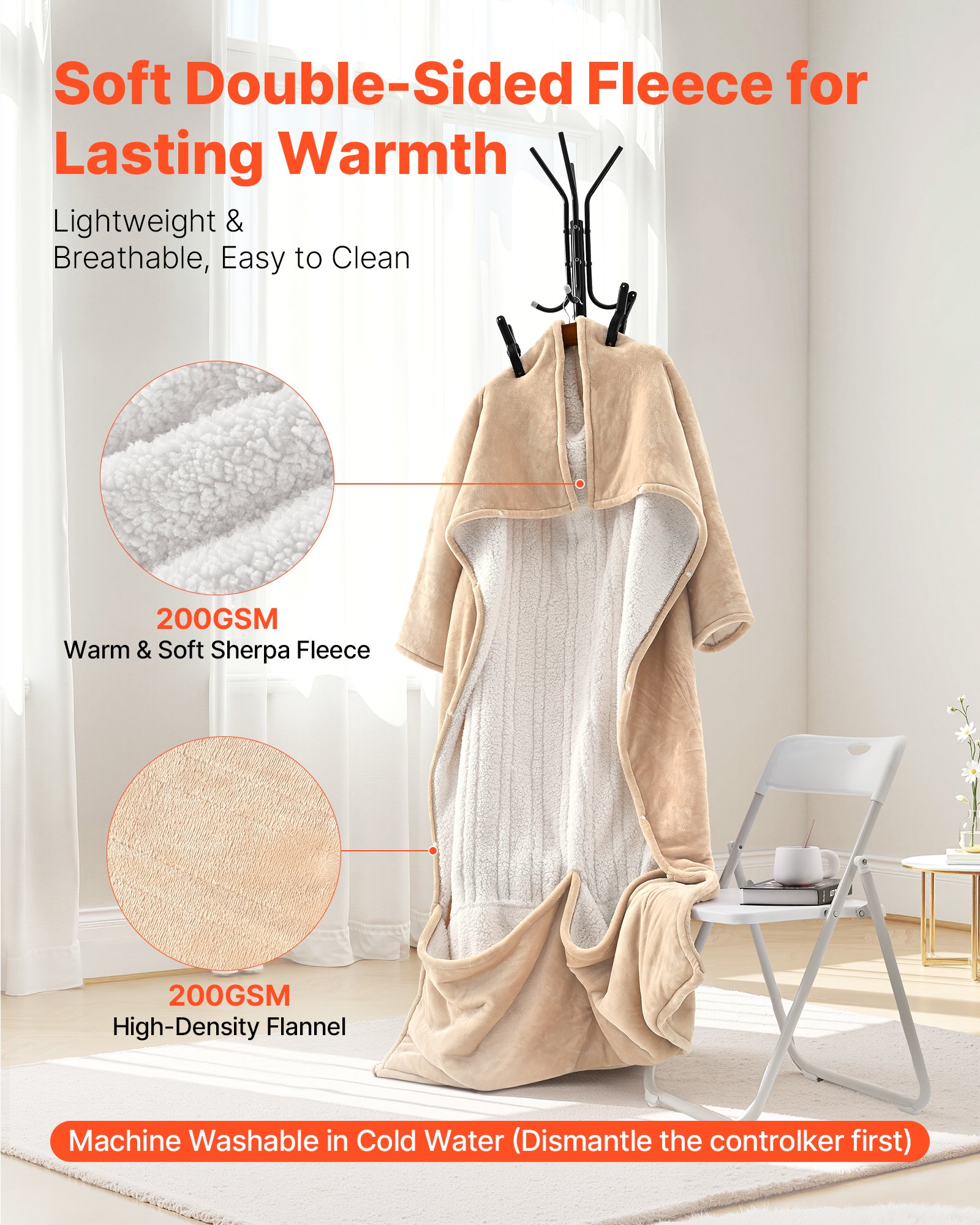 VEVOR Wearable Electric Heated Throw Blanket with Foot Pocket & Sleeves, Portable Robe Snuggie Blankets for Women, 10 Heating Levels, 12H Auto Shut-Off, Machine Washable, 50 x 70 inch, Beige