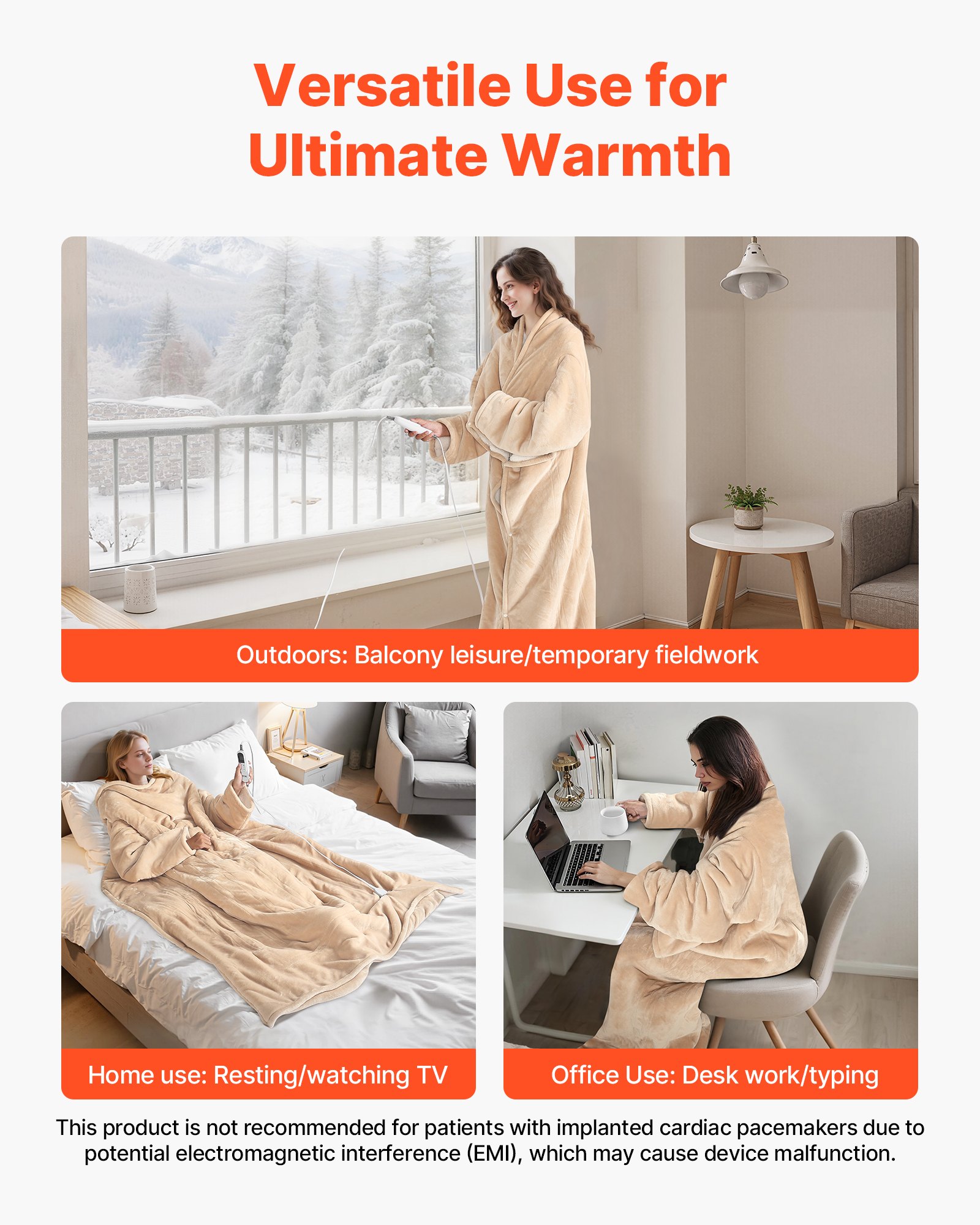 VEVOR Wearable Electric Heated Throw Blanket with Foot Pocket & Sleeves, Portable Robe Snuggie Blankets for Women, 10 Heating Levels, 12H Auto Shut-Off, Machine Washable, 50 x 70 inch, Beige
