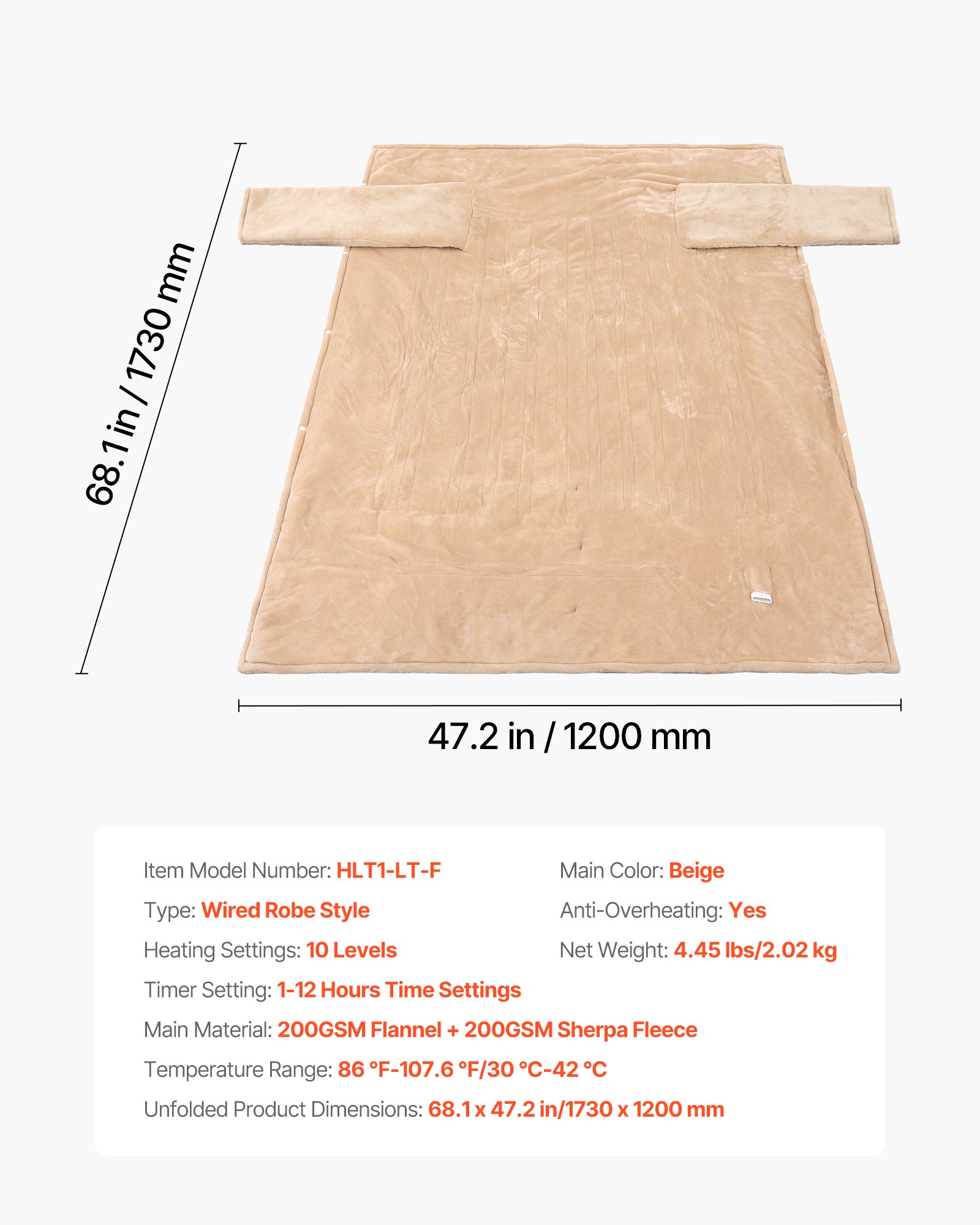 VEVOR Wearable Electric Heated Throw Blanket with Foot Pocket & Sleeves, Portable Robe Snuggie Blankets for Women, 10 Heating Levels, 12H Auto Shut-Off, Machine Washable, 50 x 70 inch, Beige