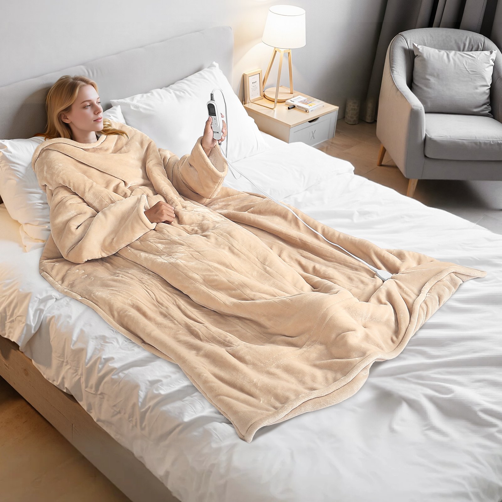 VEVOR Wearable Electric Heated Throw Blanket with Foot Pocket & Sleeves, Portable Robe Snuggie Blankets for Women, 10 Heating Levels, 12H Auto Shut-Off, Machine Washable, 50 x 70 inch, Beige