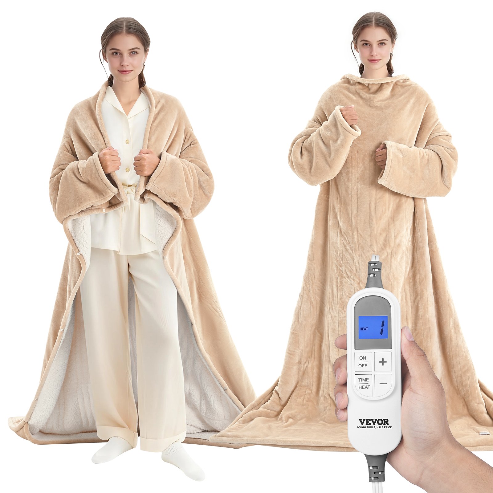 VEVOR Wearable Electric Heated Throw Blanket with Foot Pocket & Sleeves, Portable Robe Snuggie Blankets for Women, 10 Heating Levels, 12H Auto Shut-Off, Machine Washable, 50 x 70 inch, Beige
