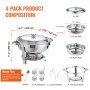 VEVOR Chafing Dish Buffet Set, 6 Qt 4 Pack, Stainless Steel Chafer with Full Size Pan, Round Catering Warmer Server with Lid Water Pan Stand Fuel Holder Cover Holder Spoon, for at Least 6 People Each