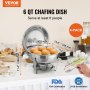 VEVOR chafing dish sets 4-pack, 6 qt capacity, fda certified, serving burgers with lid open on a buffet table.