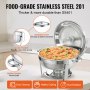 VEVOR chafing dish sets made of food-grade stainless steel 201 with polished cover, cover holder, and hollow handle.