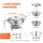 VEVOR chafing dish sets: includes 4 food pans, 4 lids, 4 water pans, 4 fuel holders, 4 cover holders, spoon.