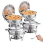 VEVOR Chafing Dish Buffet Set, 6 Qt 4 Pack, Stainless Steel Chafer with Full Size Pan, Round Catering Warmer Server with Lid Water Pan Stand Fuel Holder Cover Holder Spoon, for at Least 6 People Each