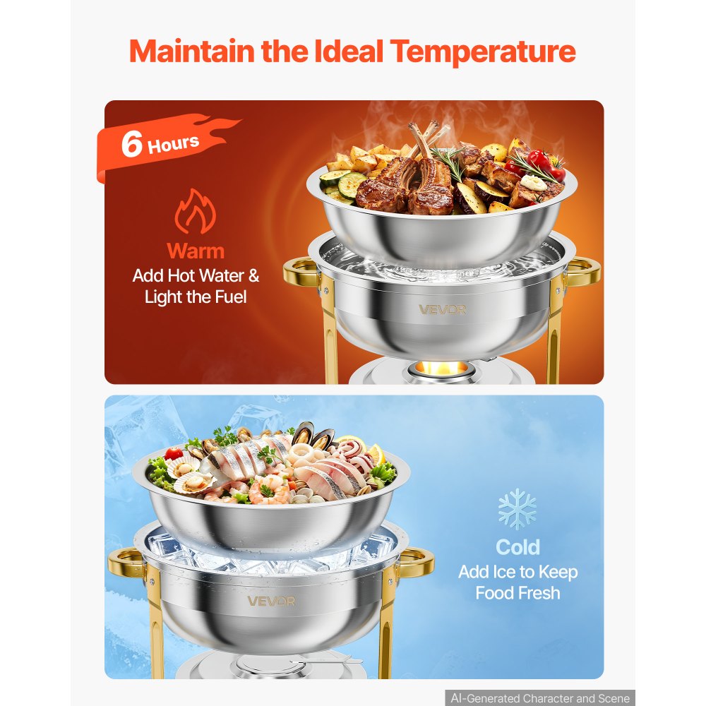 VEVOR 2 Packs Chafing Dishes for Buffet Set, 5.7L Stainless Steel Chafer, for Banquet Party Wedding Catering Event, Round Stackable Buffet Server and Warmer, with 2 Pots, Fuel Holder, Tong, Glass Pad