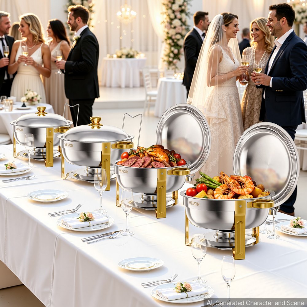 VEVOR 2 Packs Chafing Dishes for Buffet Set, 5.7L Stainless Steel Chafer, for Banquet Party Wedding Catering Event, Round Stackable Buffet Server and Warmer, with 2 Pots, Fuel Holder, Tong, Glass Pad