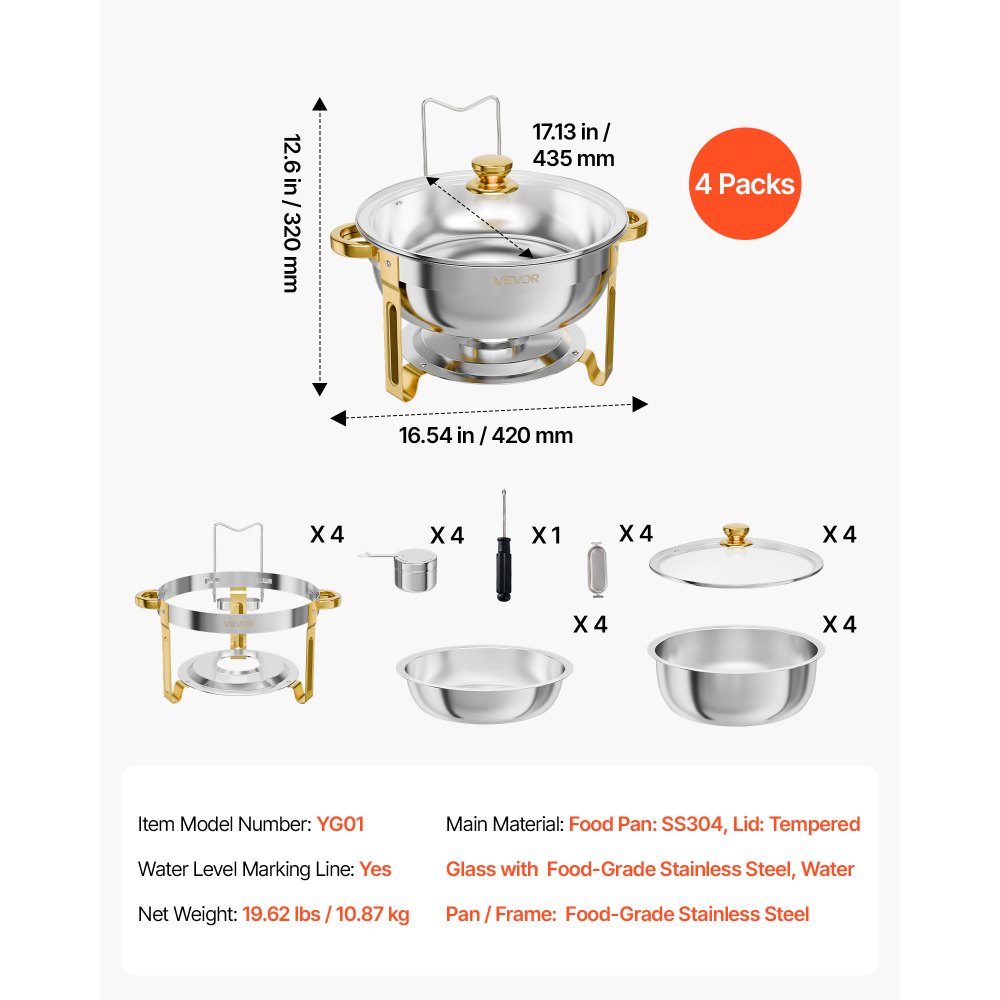 VEVOR 4 Packs Chafing Dishes for Buffet Set, 5.7L Stainless Steel Chafer, for Banquet Party Wedding Catering Event, Round Stackable Buffet Servers and Warmers, with 4 Pots, Glass Lid, and Fuel Holder