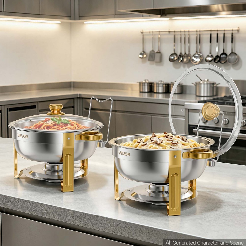 VEVOR 4 Packs Chafing Dishes for Buffet Set, 5.7L Stainless Steel Chafer, for Banquet Party Wedding Catering Event, Round Stackable Buffet Servers and Warmers, with 4 Pots, Glass Lid, and Fuel Holder