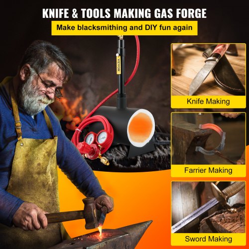 VEVOR Propane Knife Forge, Farrier Furnace with Single Burner (262k BTU), Portable Round Metal Forge W/an Open Structure, Large Capacity, for Blacksmithing, Knife Making, Forging Tools, 2462℉/1350℃