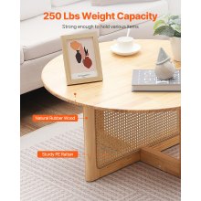 VEVOR Rattan Coffee Table, Round Rattan Woven Wood Mid Century Coffee Table with Rubber Wood Top, 33 in Modern Boho Circular Storage Coffee Table with Natural Wood Legs, for Living Room, Bedroom & Small Spaces