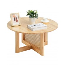 VEVOR Rattan Coffee Table Round Wood Coffee Table Single Tier for Living Room